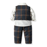 Kid Baby Boy Plaid Long Sleeve British Suit 2 Pcs Sets