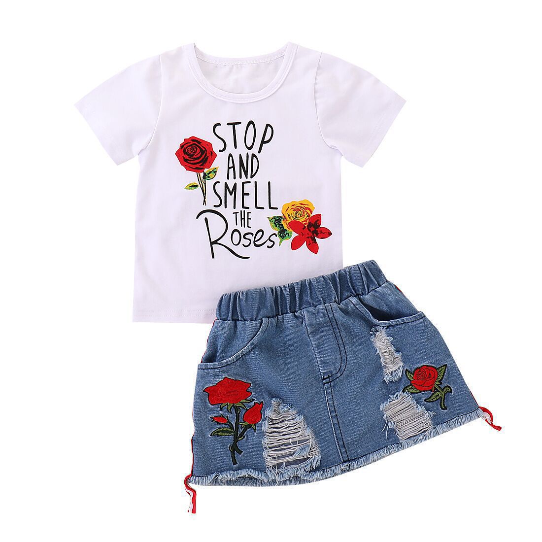 Summer Kid Baby Girls Set Ripped Denim Suits 2 Pcs Sets