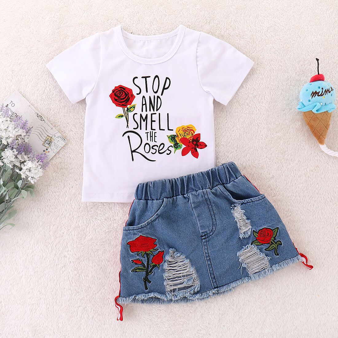 Summer Kid Baby Girls Set Ripped Denim Suits 2 Pcs Sets