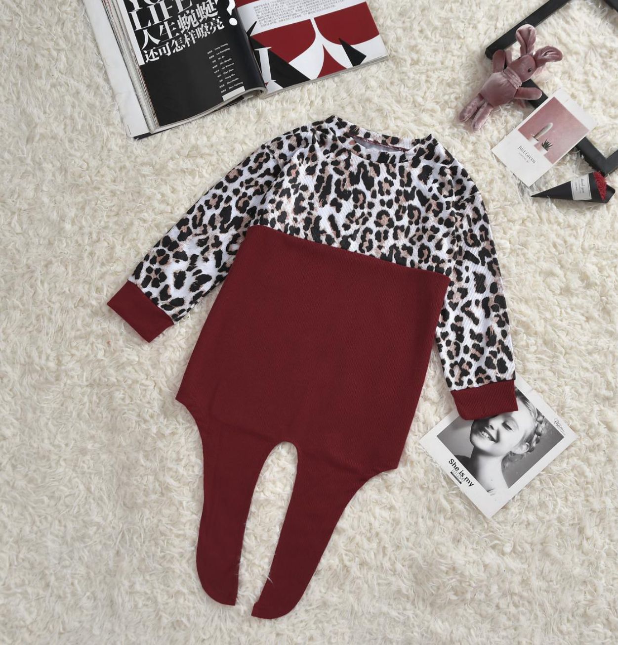 Family Matching Pattern Stitching Burgundy Top Parent-child Shirts