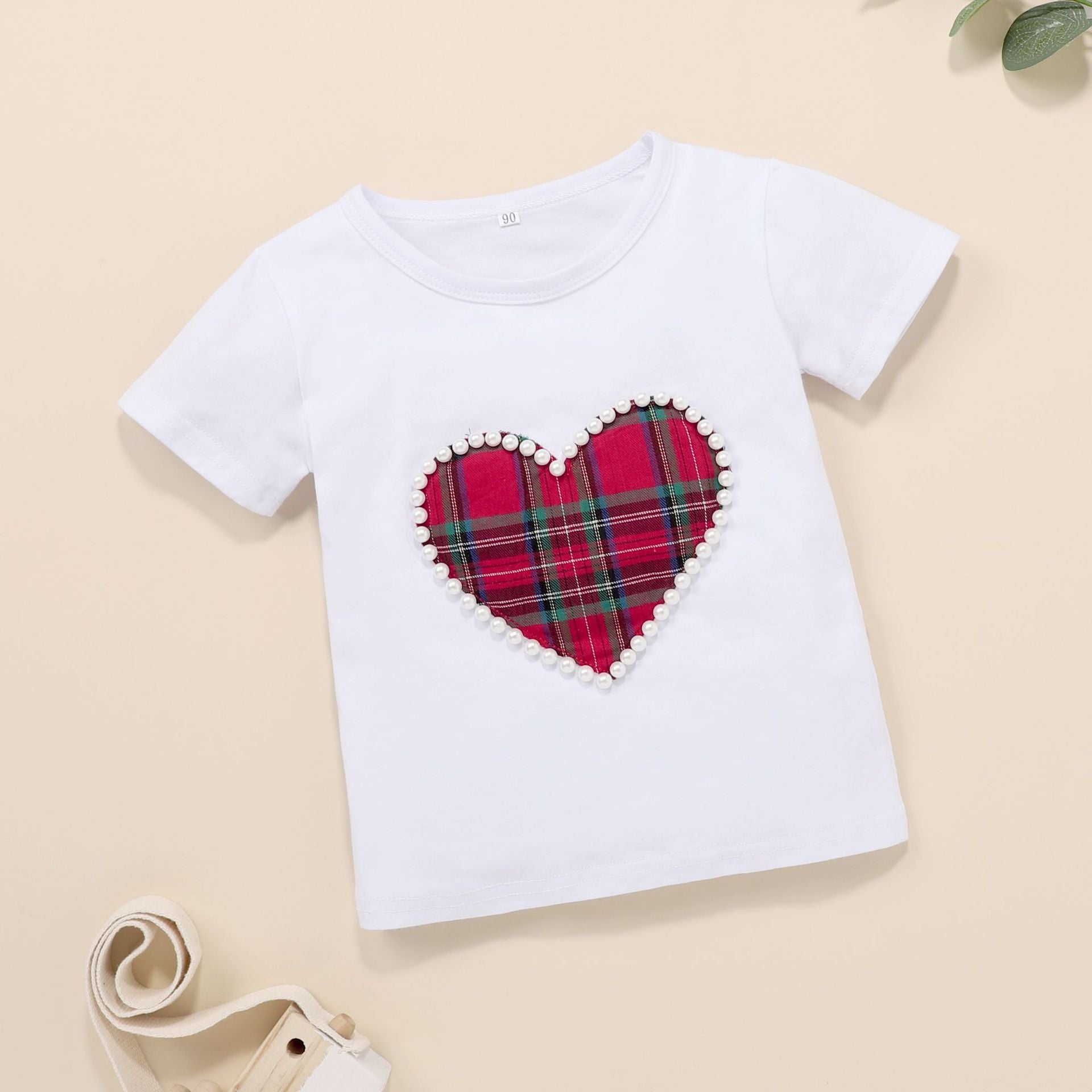 Valentine's Day Set Baby Kid Girl Pearl Heart White Short Sleeve 2 Pcs