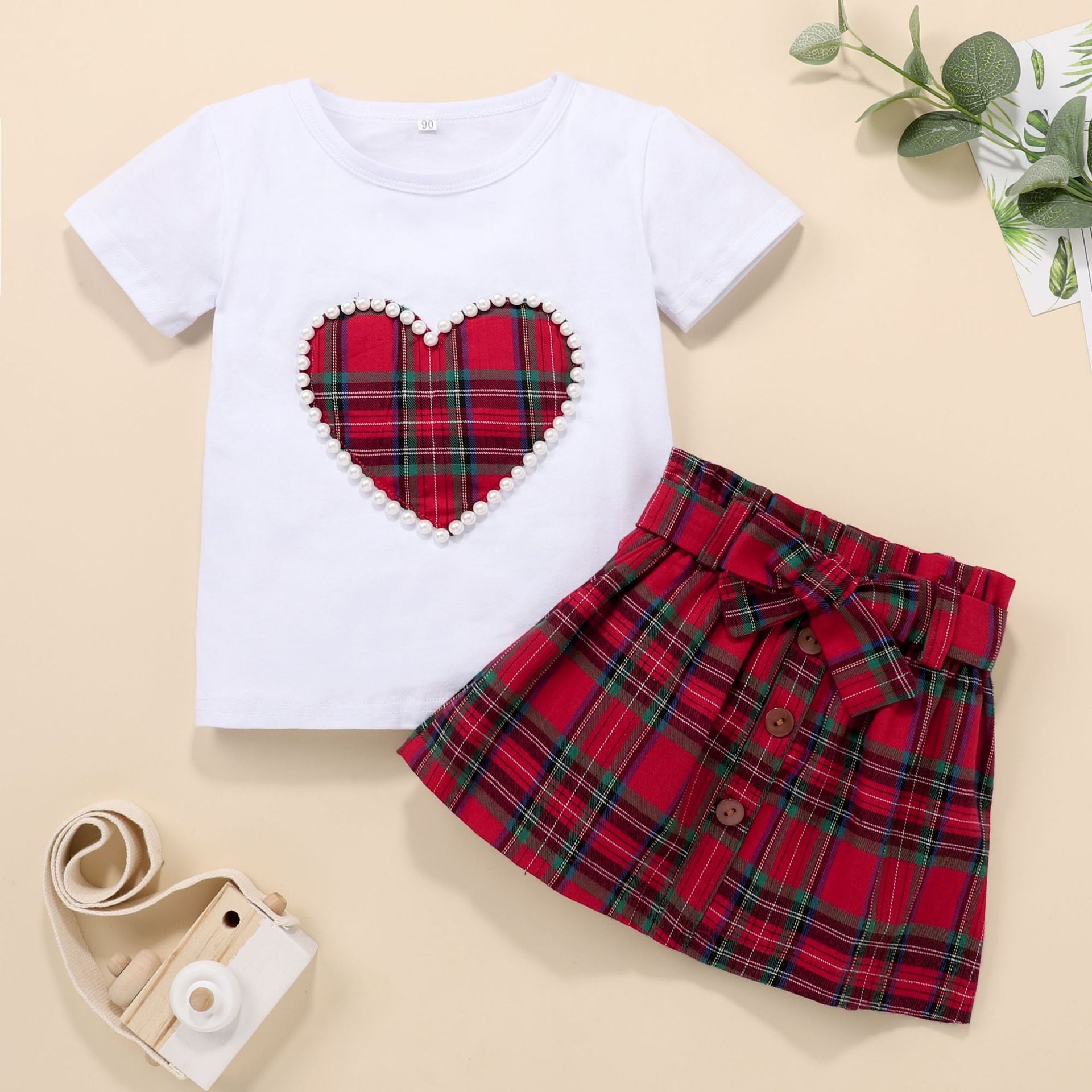 Valentine's Day Set Baby Kid Girl Pearl Heart White Short Sleeve 2 Pcs