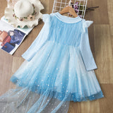 3-10T Kid Girl Lace Sequined Princess Pretty Mesh Blue Dresses