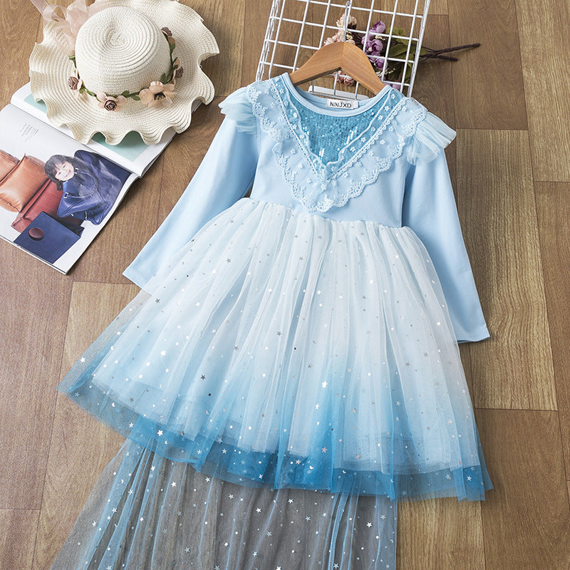 3-10T Kid Girl Lace Sequined Princess Pretty Mesh Blue Dresses