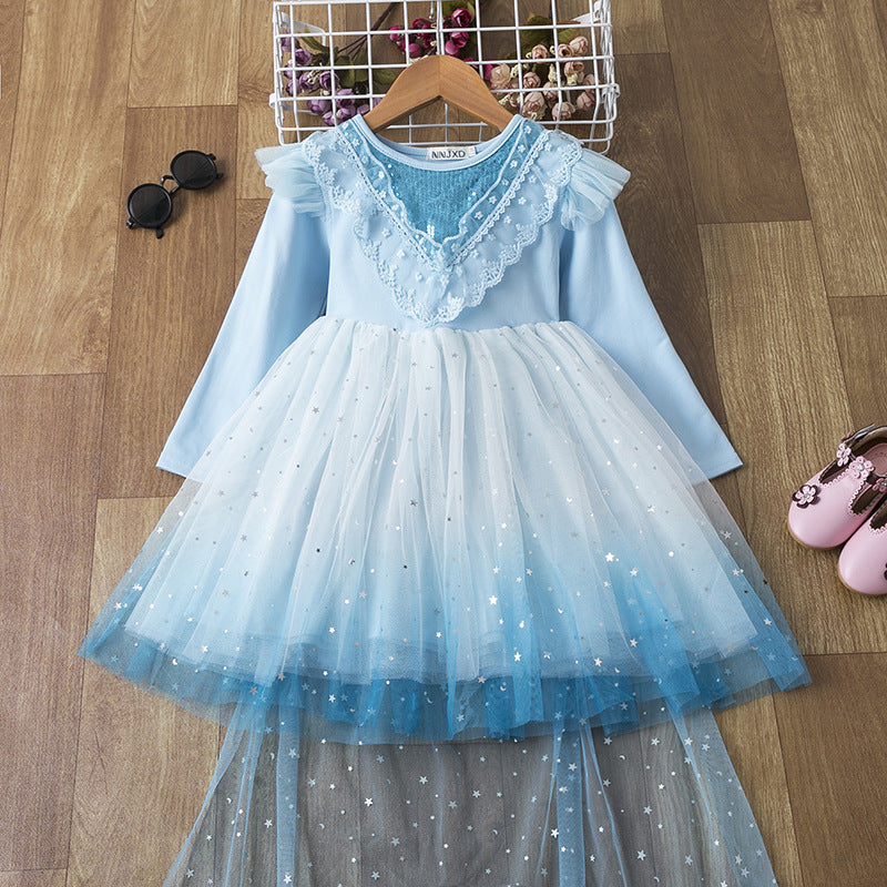 3-10T Kid Girl Lace Sequined Princess Pretty Mesh Blue Dresses