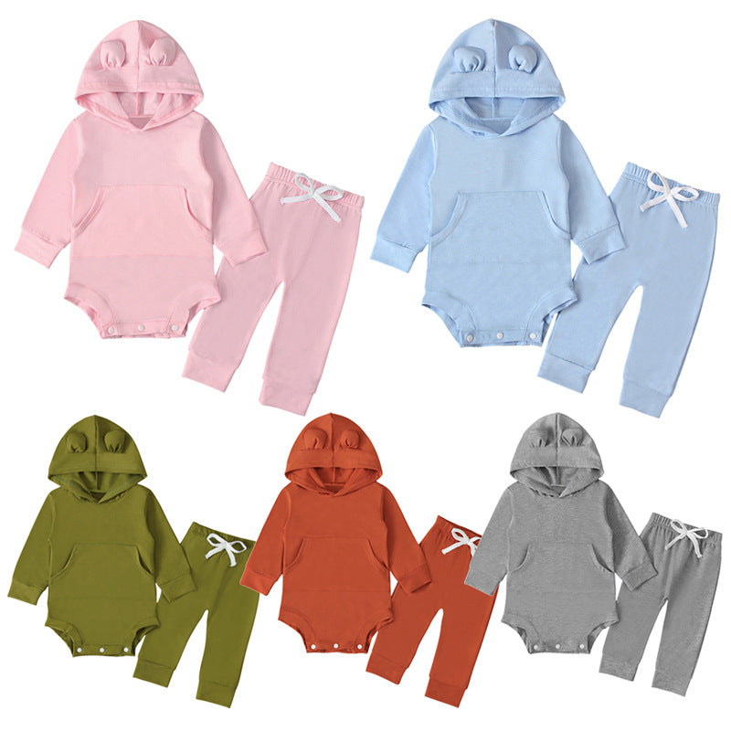 Baby Boys Girls Solid Color Hooded Halterie 2 Pcs Sets