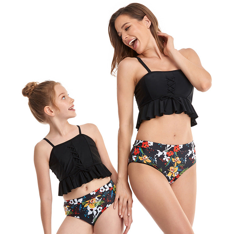 Family Matching Parenthood Tank Top Bikini Conservative High Waist Swimsuit
