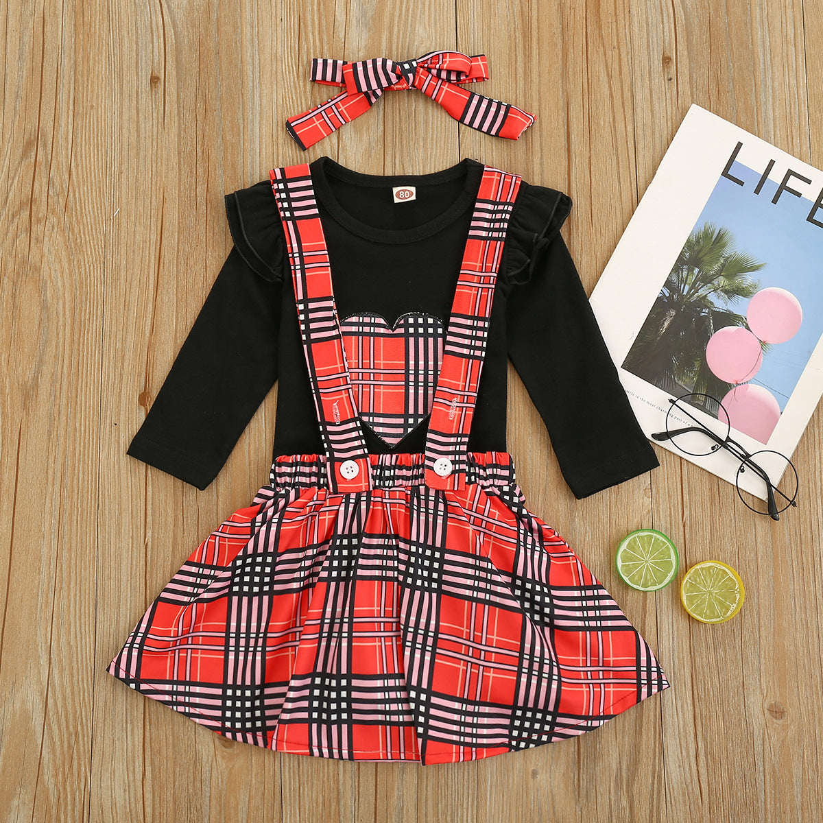 Baby Kid Toddler Girl Valentine's Day Suit Plaid Heart 3 Pcs Sets