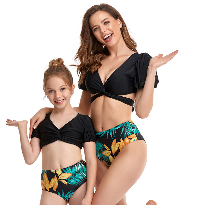 Family Matching Mom Daughter Bubble Sleeve Bikini Swimsuit