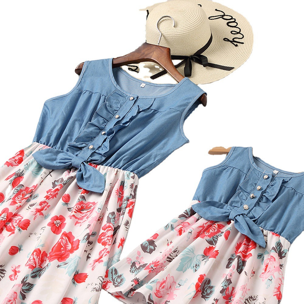 Family Matching Parent-child Mosaic Short Flower Dresses