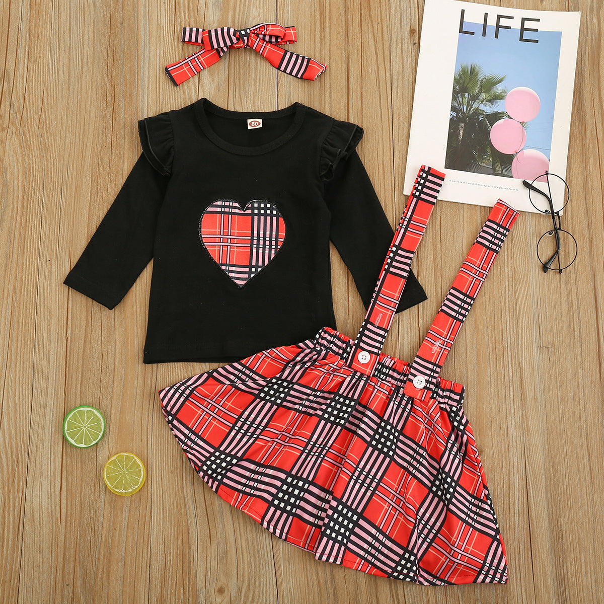 Baby Kid Toddler Girl Valentine's Day Suit Plaid Heart 3 Pcs Sets