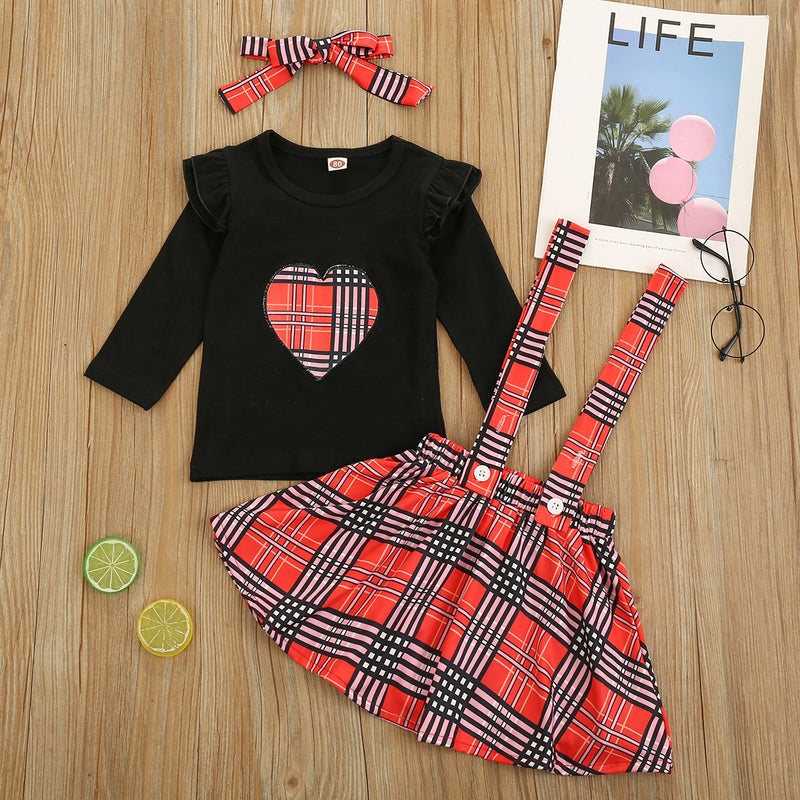 Baby Kid Toddler Girl Valentine's Day Suit Plaid Heart 3 Pcs Sets