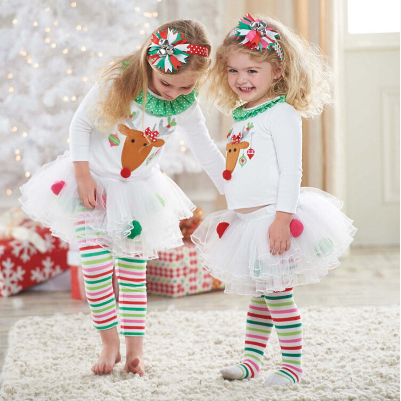 Kids Girl Christmas Moose Print Poncho Striped Suits 2 Pcs