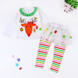 Kids Girl Christmas Moose Print Poncho Striped Suits 2 Pcs
