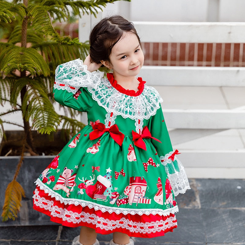 Spanish Girl Christmas Green Dress Party Frocks Lolita Fluffy Dresses 2 Pcs