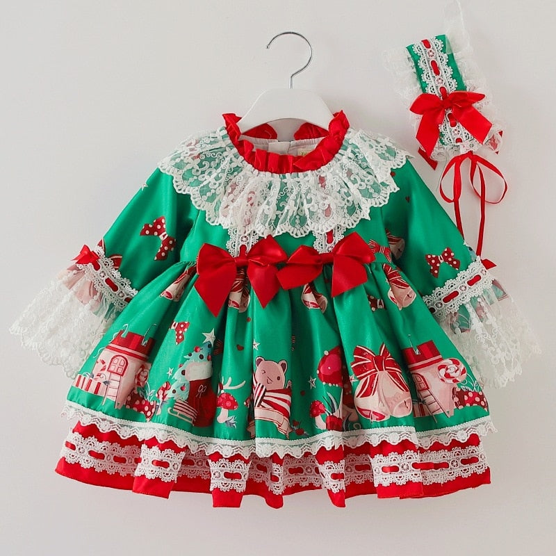 Spanish Girl Christmas Green Dress Party Frocks Lolita Fluffy Dresses 2 Pcs