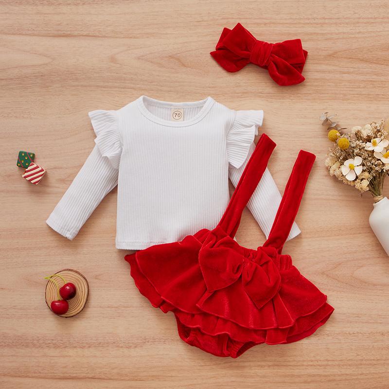 Baby Girls Solid Color Knitted Top Red Bow Sets 3 Pcs
