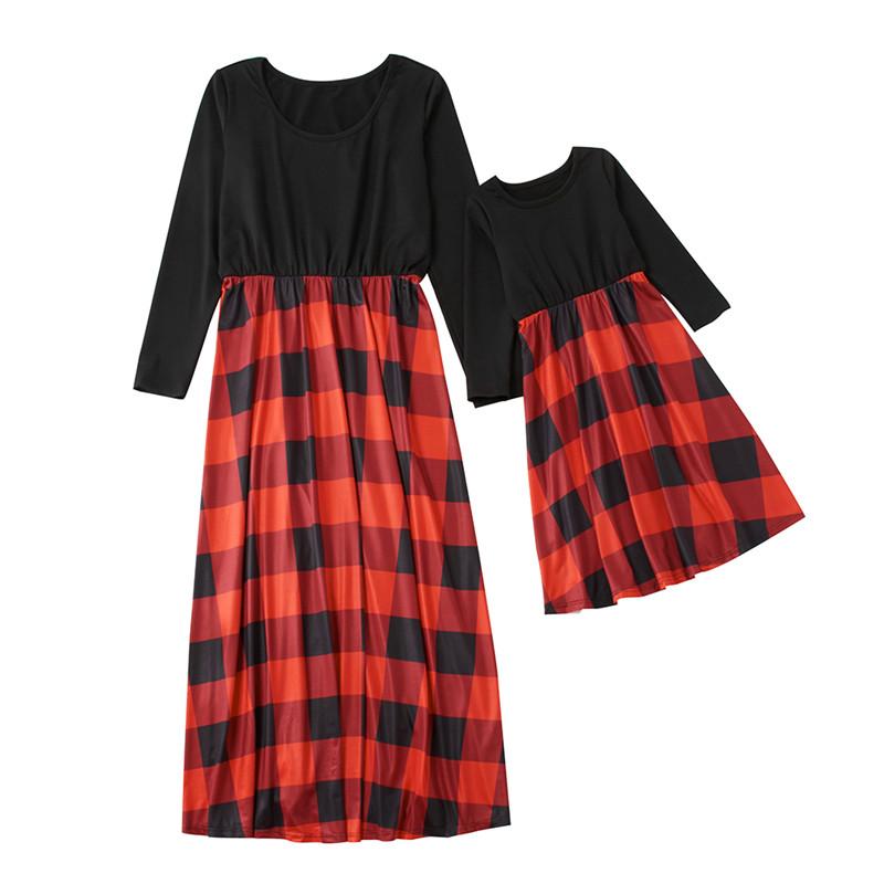 Family Matching Mommy and Me Long-sleeve Plaid Stitching Dress