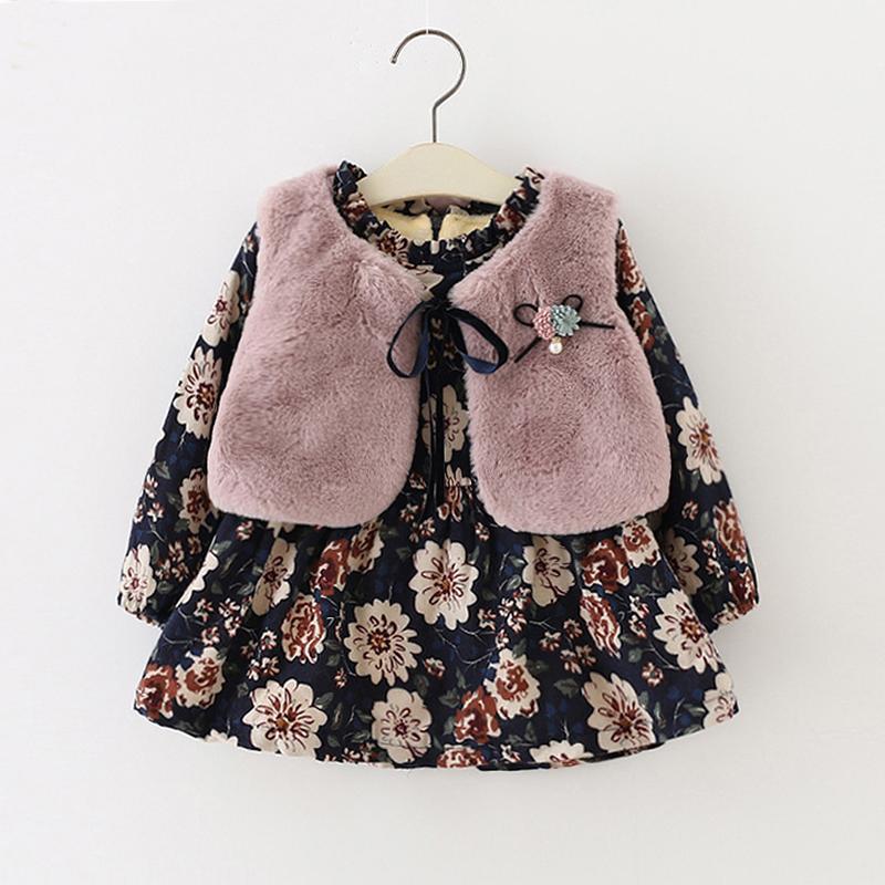Baby Girl Floral Long Sleeve Flannelette Lining Thicken Dress 2 Pcs Sets