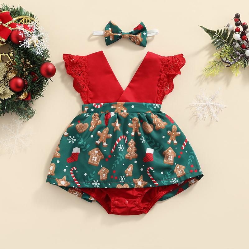 Baby Girl Christmas Lace Sleeveless V-Neck Romper Dress