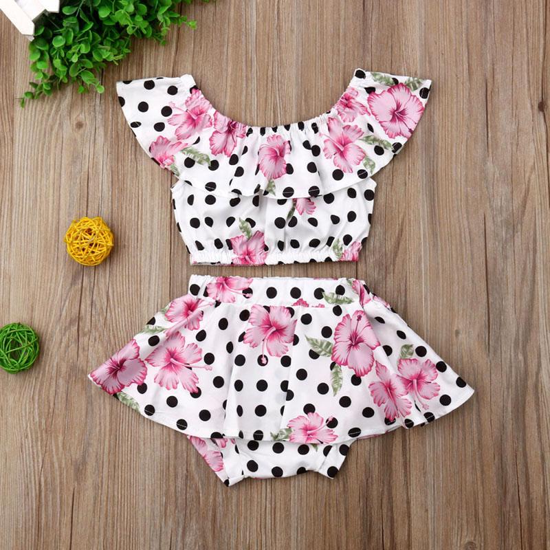 Baby Girl Flower Print Polka Dot Off Shoulder Tops Shorts 2pcs Sets