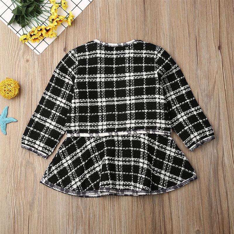 Toddler Baby Girl Long Sleeve Plaid Stitching Dress Set 2 Pcs