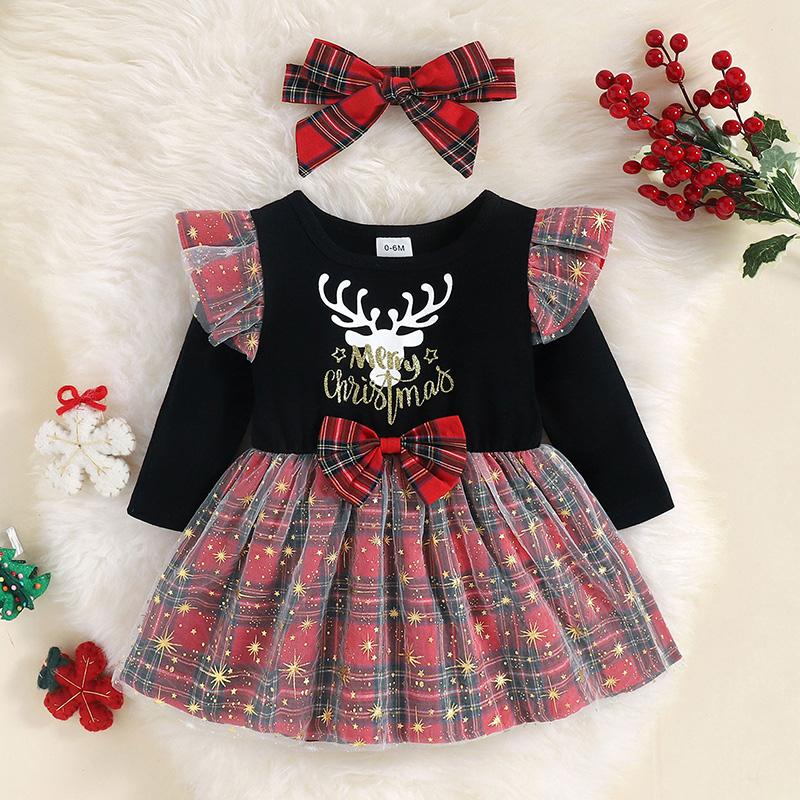 Baby Girl Reindeer Print Plaid Stitching Stars Tulle Dress