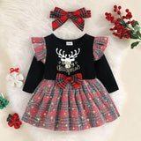 Baby Girl Reindeer Print Plaid Stitching Stars Tulle Dress