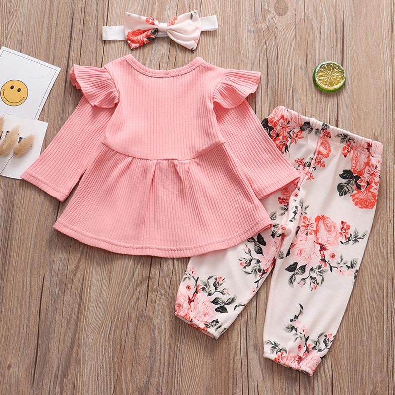 Baby Girl Solid Knitting Ruffle Long Sleeve Floral 3 Pcs Set