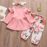 Baby Girl Solid Knitting Ruffle Long Sleeve Floral 3 Pcs Set