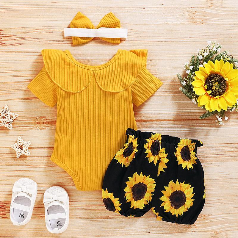 Baby Girls Ruffle Ribbed Sunflower Shorts 3 Pcs Set