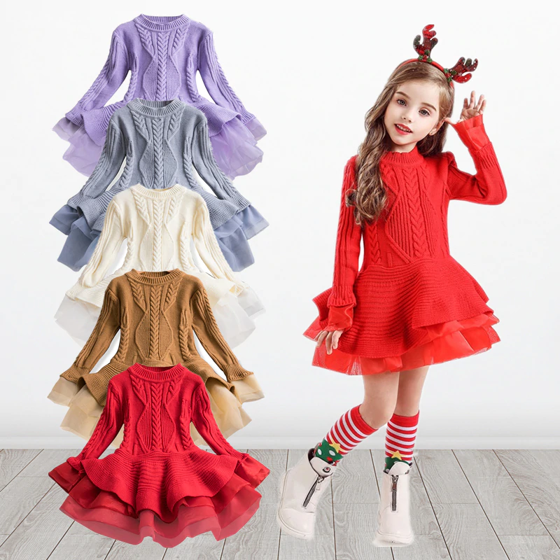 Kid Girls Casual Winter Knitted Christmas Sweater New Year Dresses 3-8 Years