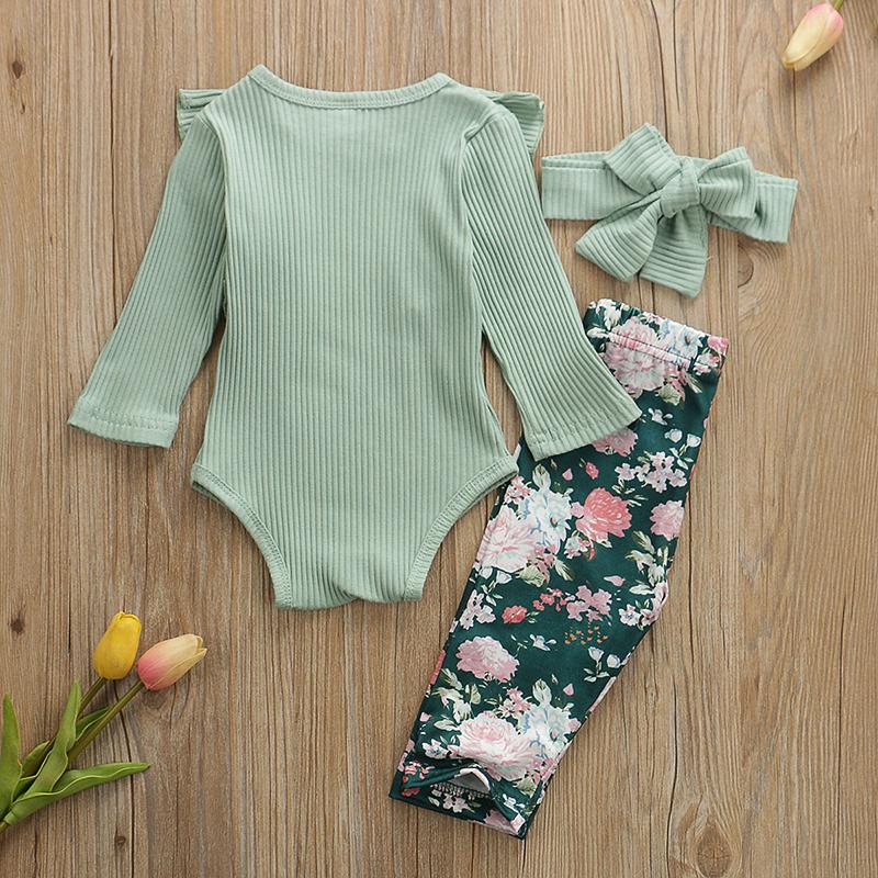 Baby Girls Knit Ruffle Long Sleeve 3Pcs Floral Sets