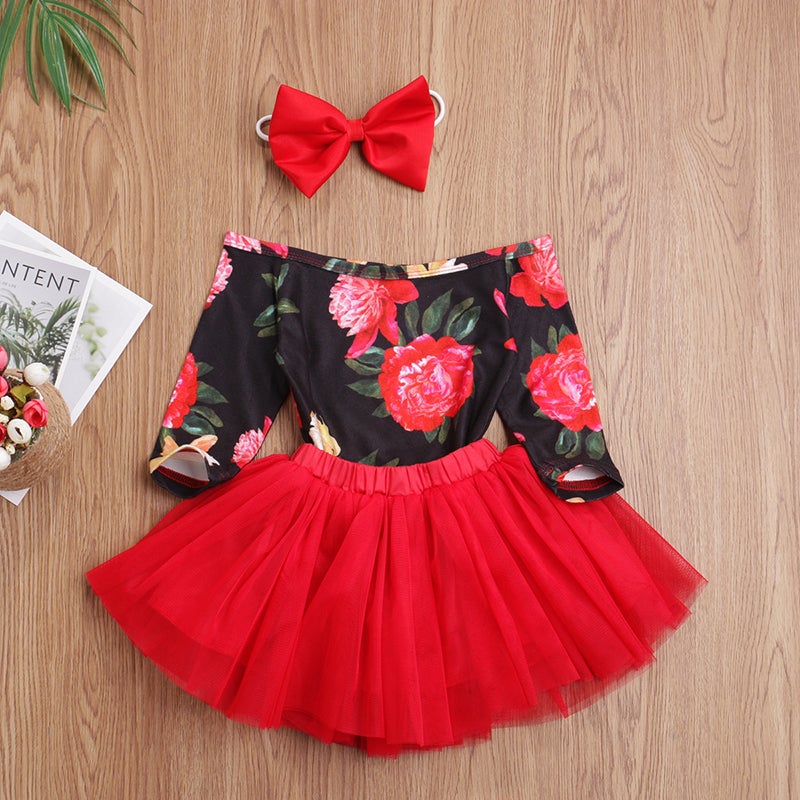 Newborn Baby Girl Flower Print Off Shoulder Valentine Sets 3 Pcs