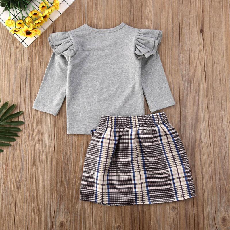 Toddler Baby Girls Long Sleeve Ruffle Plaid Set 2 Pcs Suits