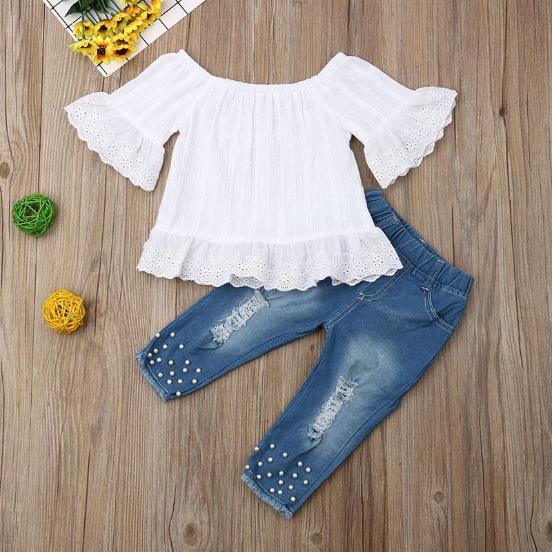 Toddler Baby Girl Fashion Off Shoulder Lace Pearl 2 Pcs Sets