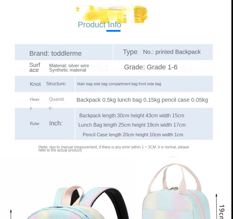 Girl Backpack 3 Piece Set Gradual Rainbow Backpack Lunch Bag Pen Bag