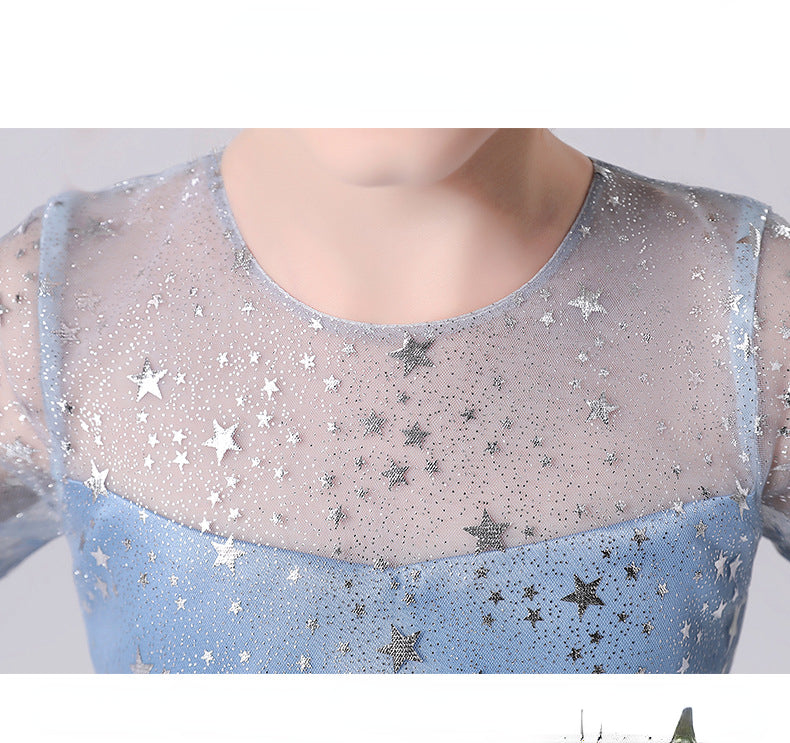 Kid Girl Princess Performance Horn Sleeve Flower Long Tail Dresses