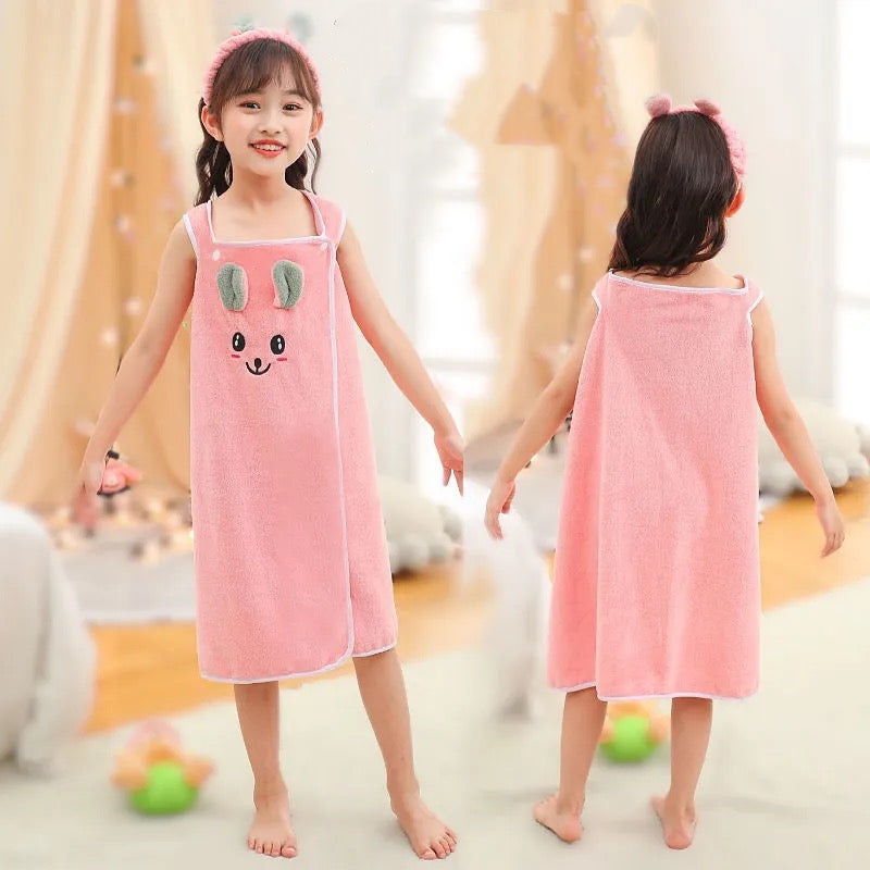 Kid Baby Girl Sling Skirt Cute Rabbit Quick-drying Cartoon Suit Bathrobe Pajamas