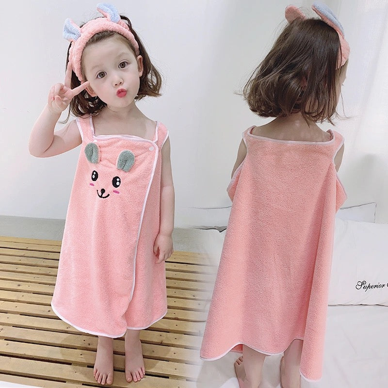 Kid Baby Girl Sling Skirt Cute Rabbit Quick-drying Cartoon Suit Bathrobe Pajamas
