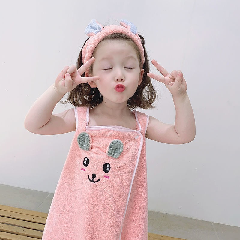 Kid Baby Girl Sling Skirt Cute Rabbit Quick-drying Cartoon Suit Bathrobe Pajamas