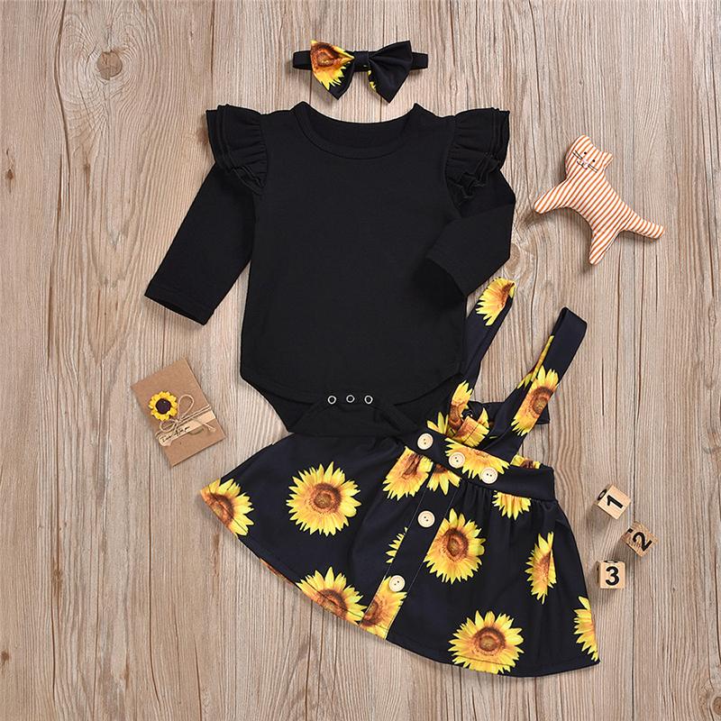 Baby Girls Ruffle Long Sleeve Sunflower Suspender 3 Pcs Set