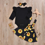 Baby Girls Ruffle Long Sleeve Sunflower Suspender 3 Pcs Set