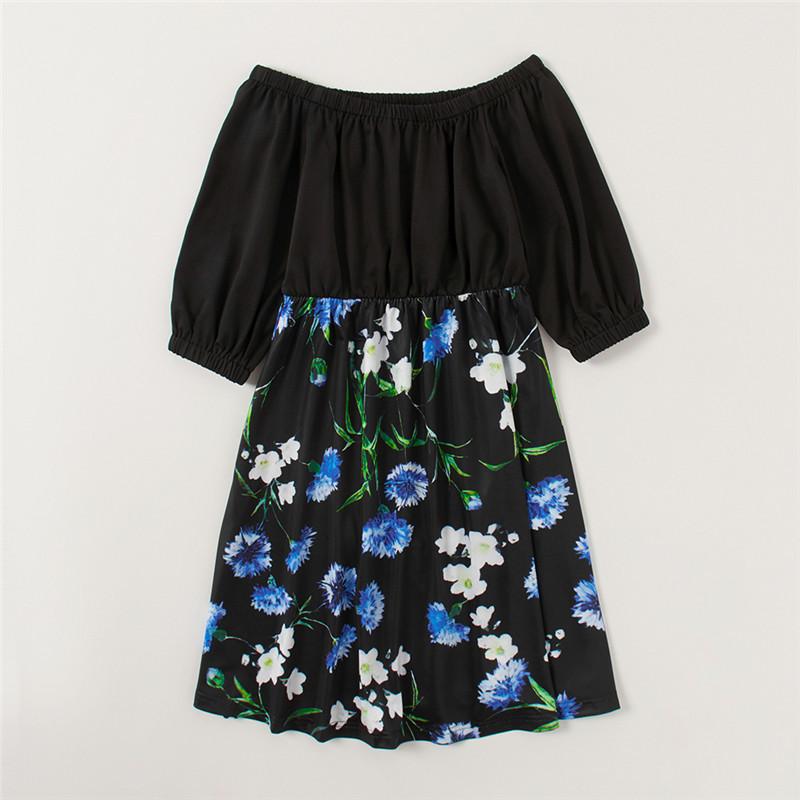 Family Matching Mommy and Me Off Shoulder Long-Sleeved Stitching Floral Dress