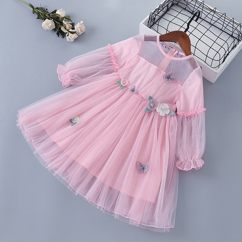 Girl Lace Chiffon Flower Draped Ruched Flower Casual Dresses 3-7 Years