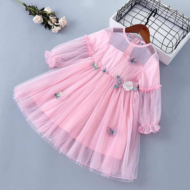 Girl Lace Chiffon Flower Draped Ruched Flower Casual Dresses 3-7 Years