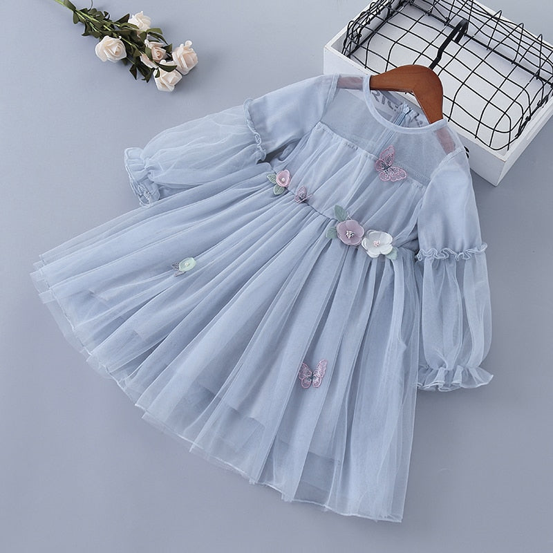 Girl Lace Chiffon Flower Draped Ruched Flower Casual Dresses 3-7 Years