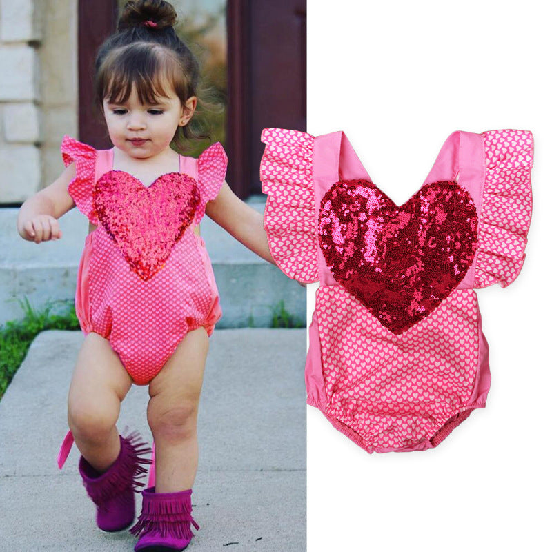 Baby Girl Jumpsuit Pink Tie Heart Glitter Halter Valentine Rompers