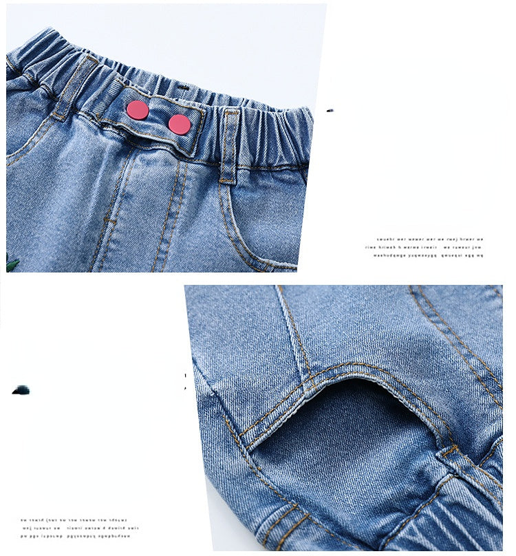 Kid Girls Flower Jeans Foreign Casual Trousers Spring Autumn Pants