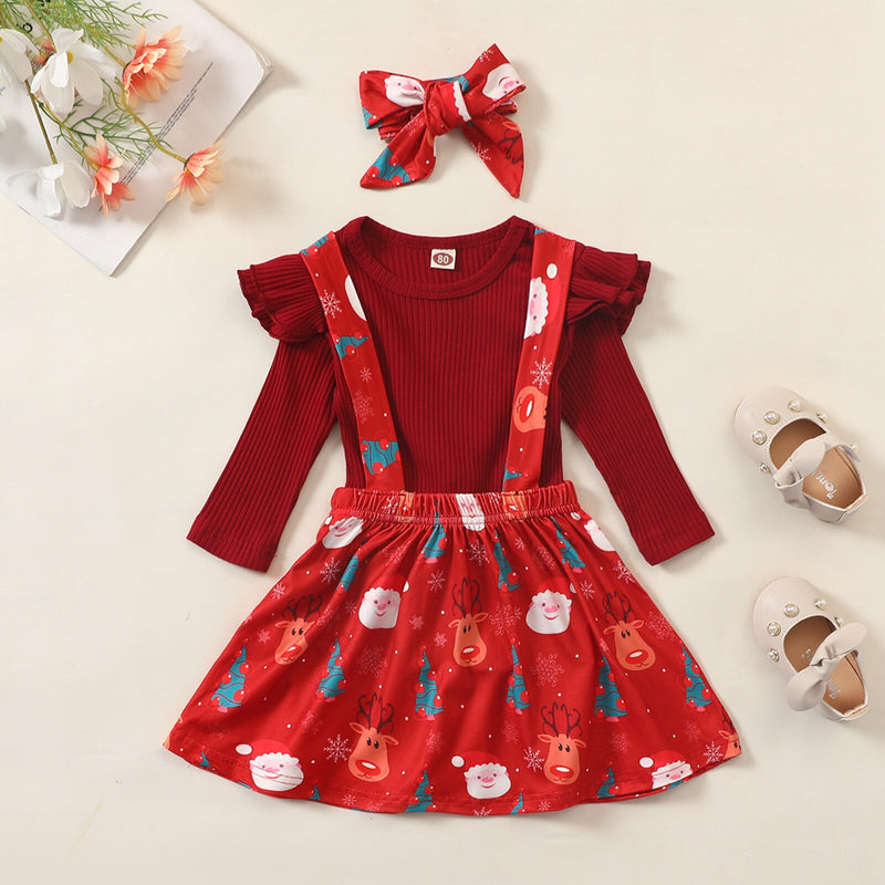 Baby Girl Christmas Long Sleeve Tops+Bowknot Suspender Skirt+Headband 3 Pcs Sets